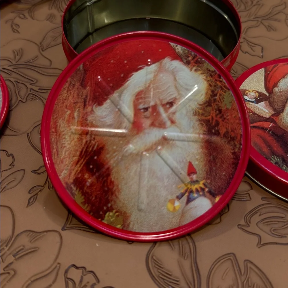 Vtg Tin Santa Claus Coasters, Christmas Lidded 5/ Container ~Holiday Round 3.5”